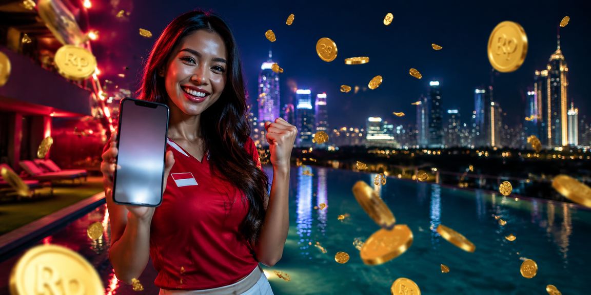 Tampilan aplikasi kasino dengan efek neon dan promo bonus menarik