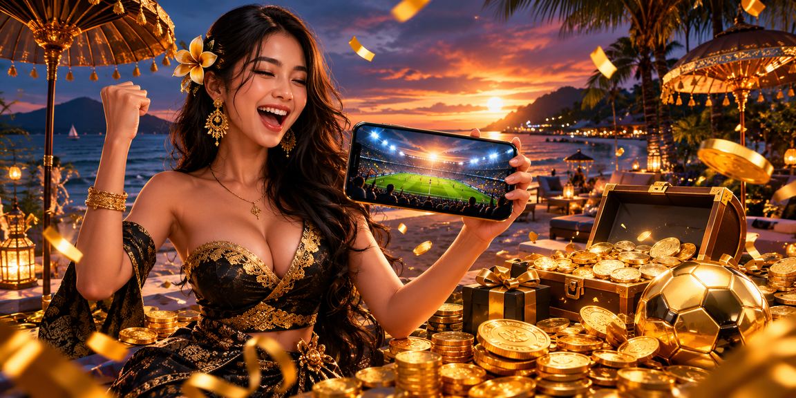 Tampilan bonus registrasi kasino dengan latar pantai yang cerah dan menggiurkan
