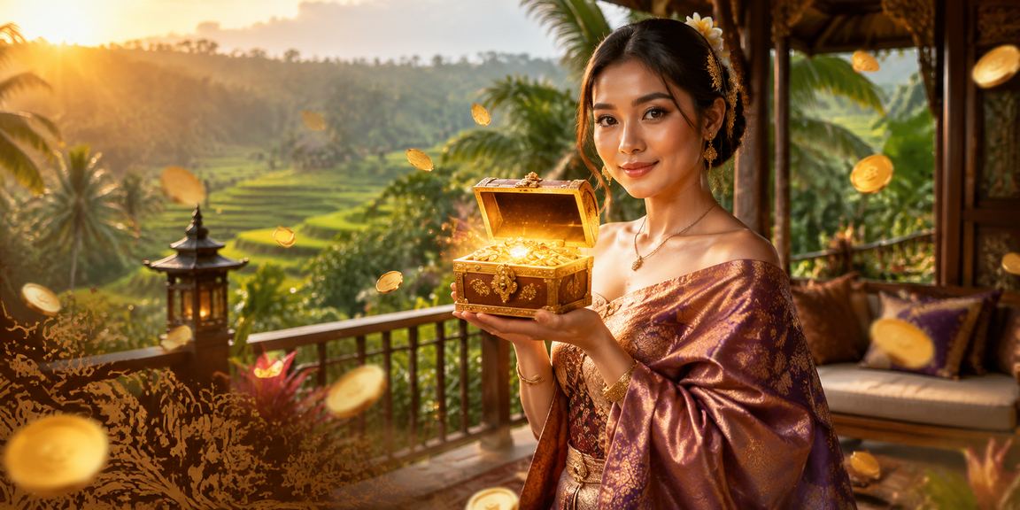 Model menunjukkan bonus rebate VIP dengan latar neon berwarna cerah